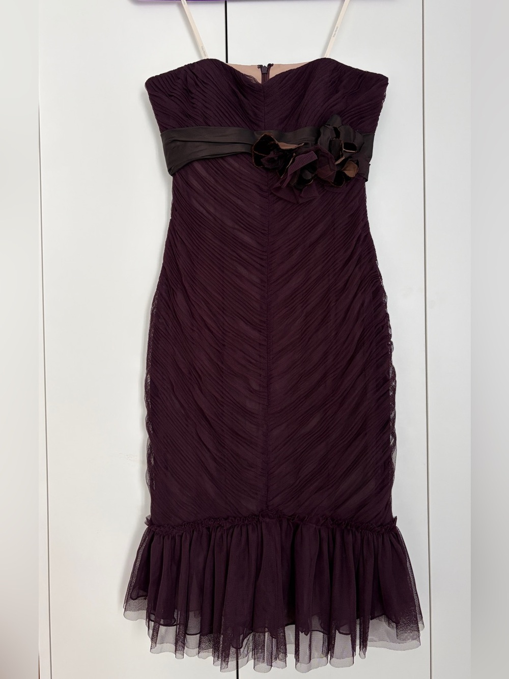 Vera Wang Strapless Plum Evening Dress with Floral Waist Detailing Ruched Gauze